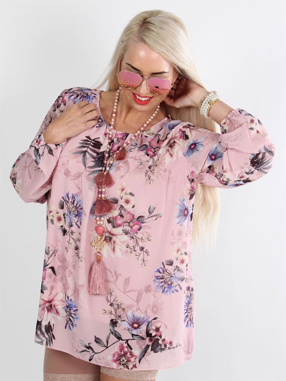Serena - Rosafarvet chiffon bluse med blomster og
